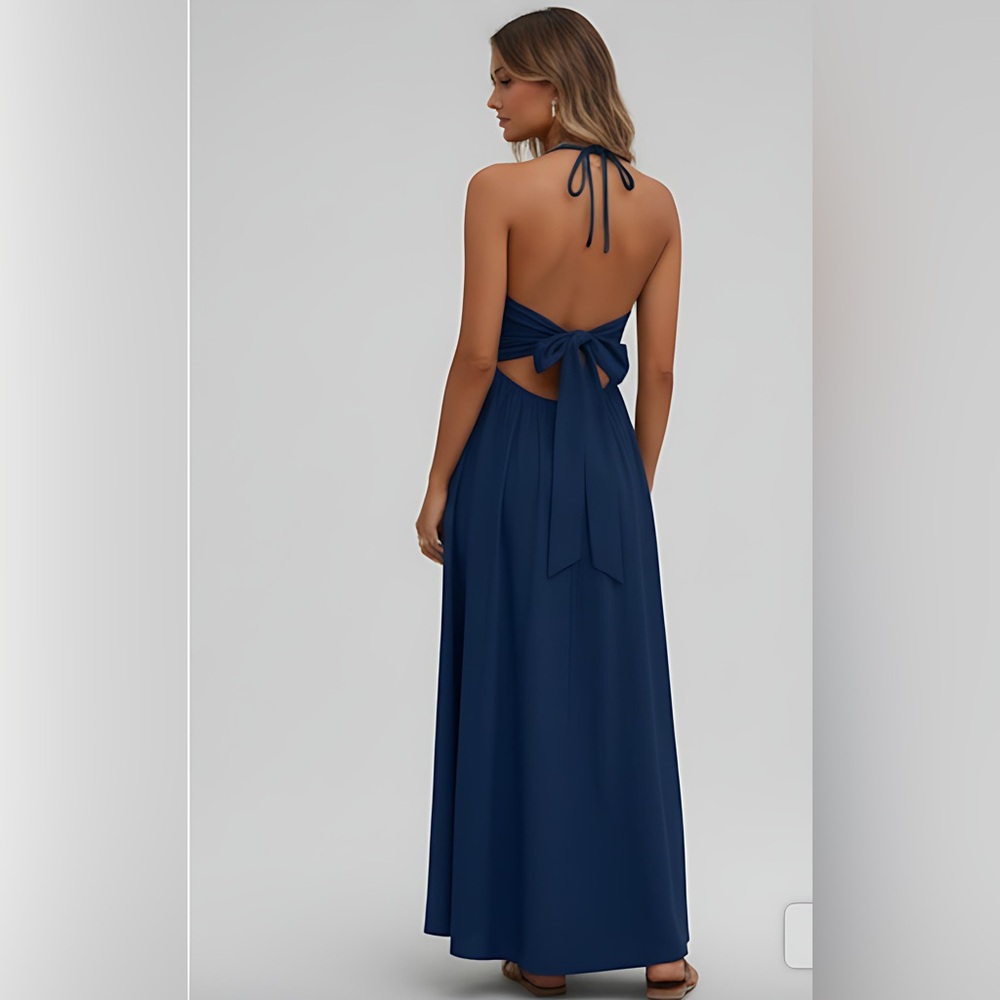LAST ONE 🔥 Tie Backless Halter Neck Cami Dress Blue - Picture 4 of 9